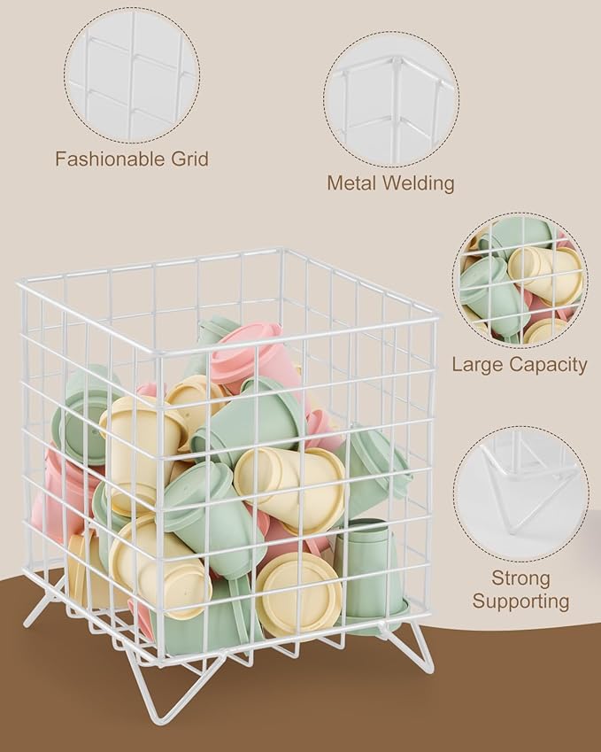 FantasyLife K Cup Holder Organizer, 5.3" x 5.3" x 6.3" Coffee Pod Storage Basket, Coffee Bar Accessories Metal Basket, Large Capacity Countertop Organizer for Kitchen Counter & Office Desktop (White)
