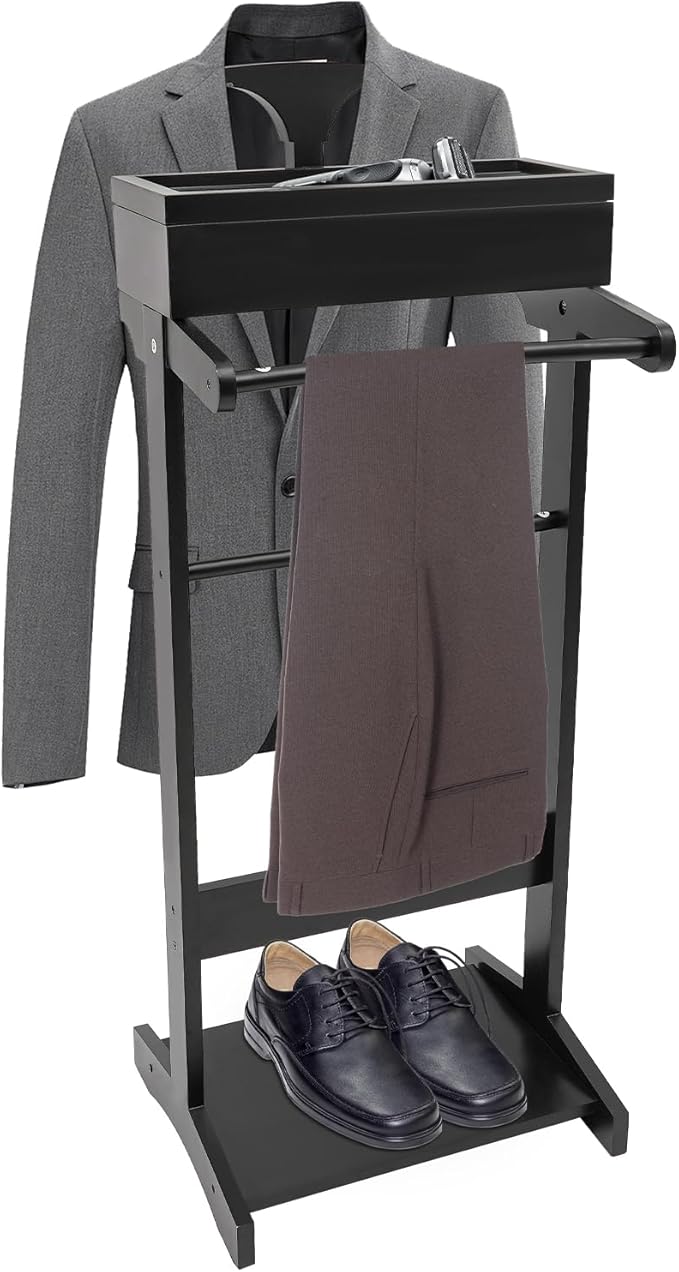 Valet Stand for Men Wood Suit Rack 22LBS Load Mens Valet Stand with Base & Drawer Free Standing Clothes Valet for Bedroom, Living Room, Hallway (Black)