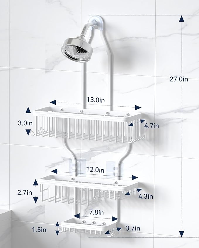 YASONIC Shower Caddy - Never Rust Aluminum Organizer - Over Shower Head with 10 Hooks & Soap Basket - White