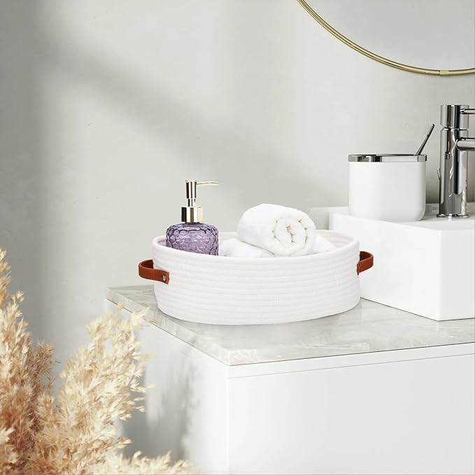 Bathroom Countertop Organizer Basket, Cotton Rope Woven Storage Basket Toilet Paper Decorative Basket for Bathroom, Bedroom, Living Room, Entryway 13"x6.3"x4.3"(Off White)