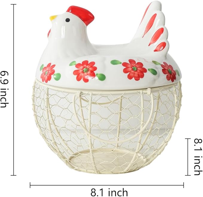 Egg Storage Baskets for Fresh Eggs, Kitchen Countertop Storage Organization Egg Dispenser, Ceramic Chicken Lid with Wire Basket, Holds 20-25 Eggs