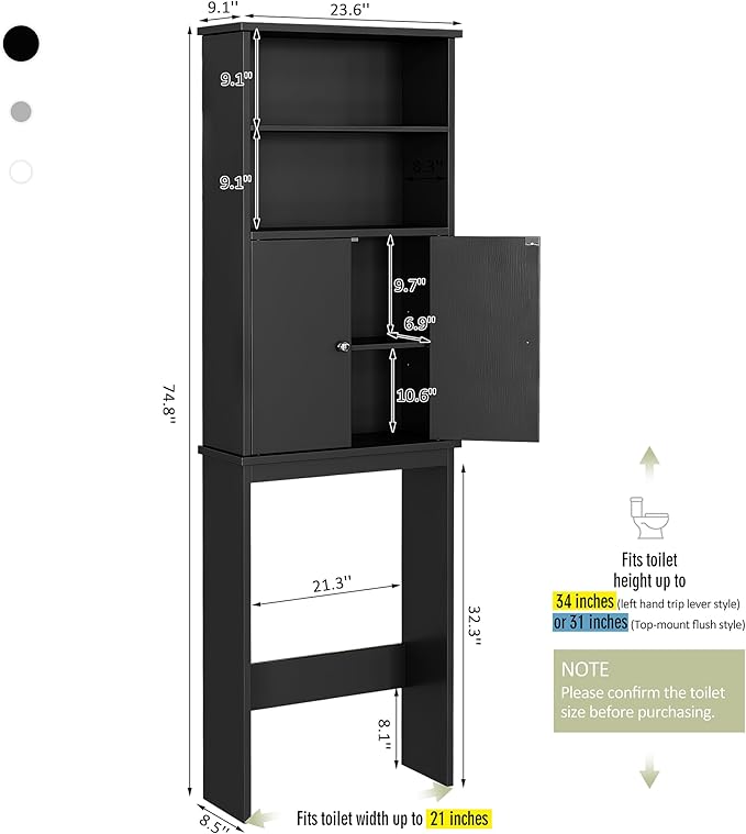 Meilocar Over The Toilet Storage Cabinet for Bathroom, Storage Organizer Over Toilet, Space Saver W/Adjustable Shelf & Open Shelves, 75in, Black