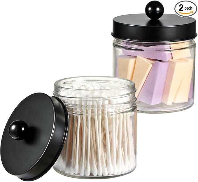 SheeChung Bathroom Organizers and Storage - 2Pack Qtip Holders Bathroom Canister Apothecary Jars for Cotton Swabs, Rounds, Balls, Qtips,Makeup Sponges, Flossers,Bath Salts - Black