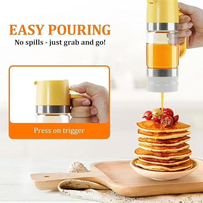 Honey Dispenser No Drip,12OZ Glass Honey Jar with Handle,Syrup Dispenser for Coffee or Tea,Mess Free Honey-Dispenser for Maple Syrup, Honey-Container (Black)
