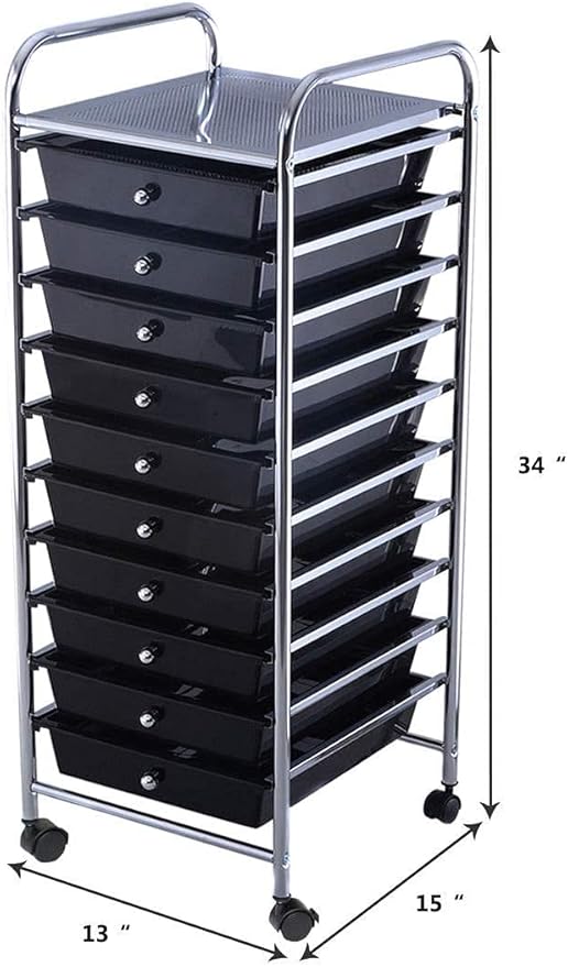 GOFLAME 10-Drawer Rolling Storage Drawer Cart, Utility Cart with Removable Drawers & Metal Frame, Mobile Art Craft Drawer Cart with Lockable Wheels for Home, Office, Studio, School, Black