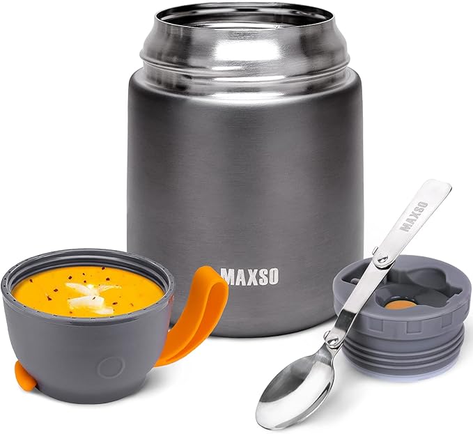 MAXSO Soup Thermo for Hot & Cold Food for Adults Kids, 17 oz Vacuum Insulated Steel Lunch Container Bento Box with Spoon, Leakproof Thermal Food Jar for School Office Travel - Grey