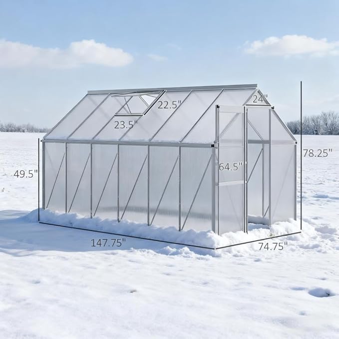 Aluminum Greenhouse with Polycarbonate Panels, Walk-in Garden Greenhouse for Outdoor Plant Growing, Durable Structure for Year-Round Gardening (Silver + Aluminum-4)