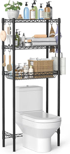 Over The Toilet Storage Shelf, Adjustable Bathroom Organizer with Toilet Paper Holder & 8 Hooks, 3 Tier Sturdy Metal Space Saver for Bathroom/Kitchen, Easy Assembly Above Toilet Shelf, Black