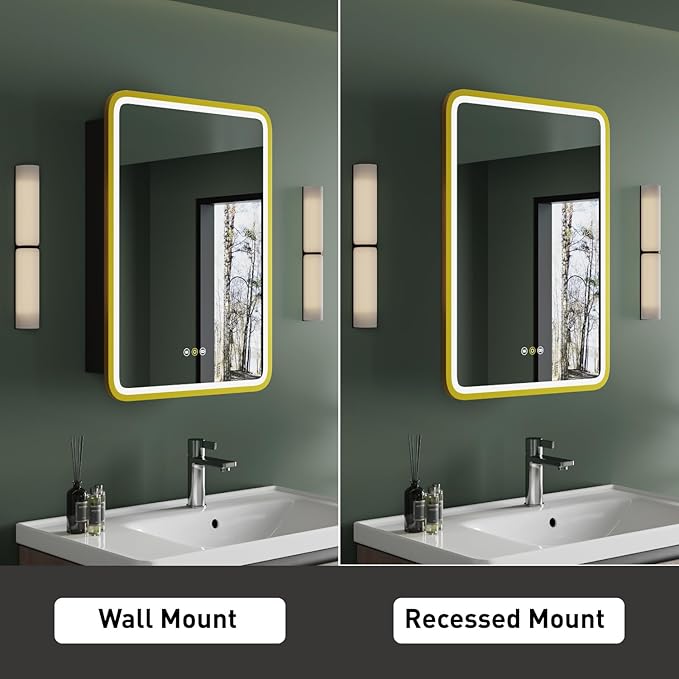 Medicine Cabinet with LED Lights and Mirror, 16W x 28H Inch Wall or Recessed Mounted Bathroom Cabinet with Left Hinge, Storage Shelf, Defogger, Memory Function, 3-Color Mode, Dimmer, Gold