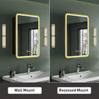 Medicine Cabinet with LED Lights and Mirror, 16W x 28H Inch Wall or Recessed Mounted Bathroom Cabinet with Left Hinge, Storage Shelf, Defogger, Memory Function, 3-Color Mode, Dimmer, Gold
