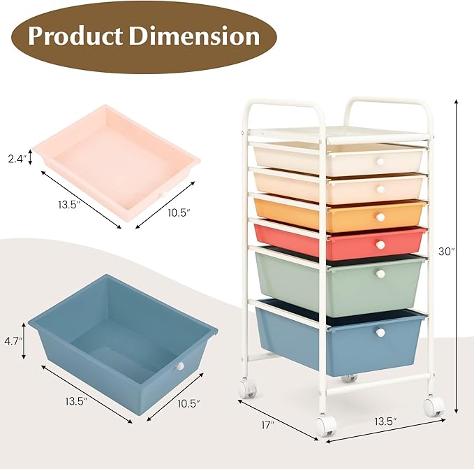 GOFLAME 6-Drawer Rolling Storage Cart, Multifunctional Art Craft Organizer Cart, Mobile Utility Storage Cart with Removable Drawers & Lockable Wheels, Craft Cart for Home Office, Macaron Color