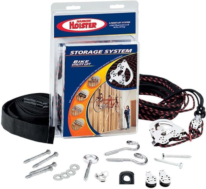 HARKEN Hoister - Bikes & Overhead Garage Storage 1 Point Hoist System (45lb Capacity, 12ft Ceiling), Space-Saving Organization, Easy One-Person Operation, Safe Anti-Drop, Self-Leveling - model 7800.12