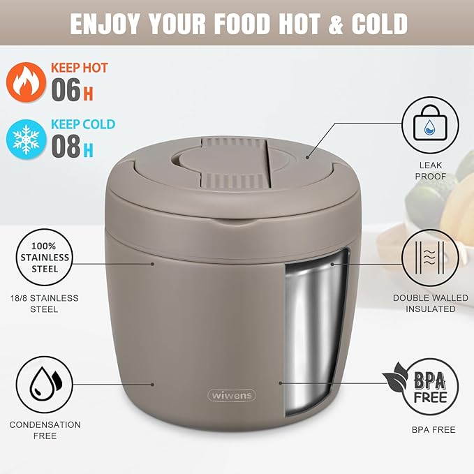 Thermo Food Jar for Hot Food Adults 32OZ Soup Thermo Lunch Containers Wide Mouth Vacuum Insulated Stainless Steel Leakproof Bento Box with Spoon (Khaki)