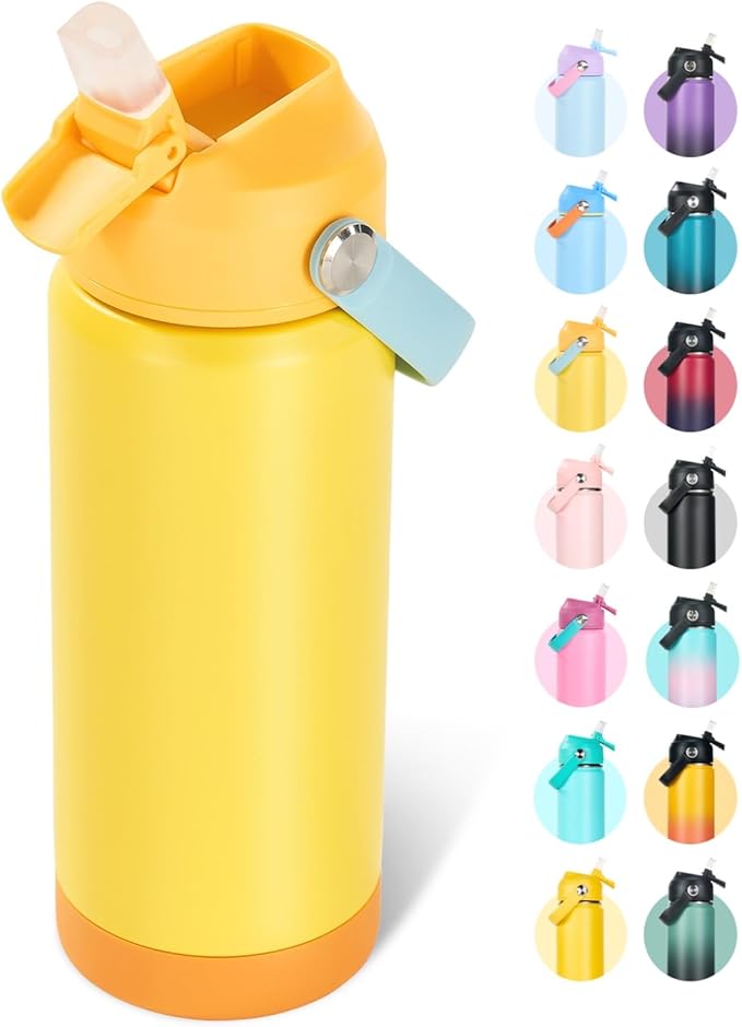 18oz Insulated Stainless Steel Water Bottle, Wide Mouth Double Wall Vacuum, Silicone Straw, Sweat & Leak Proof, BPA Free Insulated Water Flask for Travel, Keep Cold 24h Hot 12h, Lemon