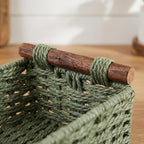 Back of Toilet Basket with Wood Handles, Green Wicker Toilet Paper Basket for Toilet Tank Top, Narrow Toilet Tank Basket, Bathroom Basket Organizer for Wipes & Essentials