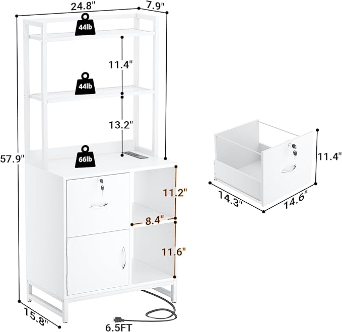 Homieasy Vertical Filing Cabinet with Bookshelf for Home Office, File Cabinet with Shelves, Lock & Charging Station, Drawer Office File Cabinets with Printer Stand, fits Letter Size, White