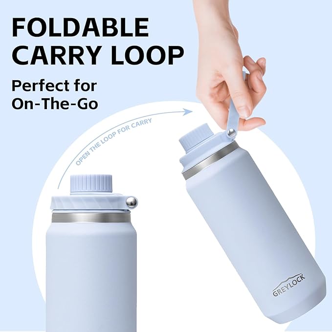 GREYLOCK 24 oz Insulated Water Bottle with Straw Lid, Leakproof Reusable Stainless Steel Vacuum Flask, 24hr Cold & Hot, Carry Handle & Silicone Spout, BPA-Free for Gym, Hiking, Travel,Blue