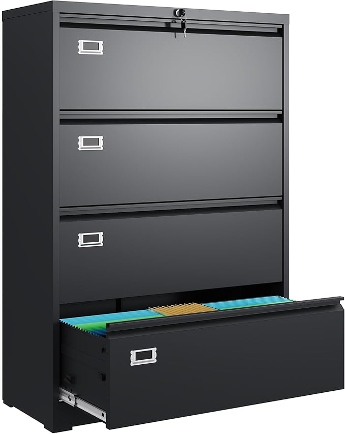 DEVAISE 4 Drawer Lateral File Cabinet with Lock, Metal Filing Cabinets for Home Office, 16" D x 35" W x 52" H Wide Storage Organization for Hanging Files Letter/A4/Legal/F4 Size, Black