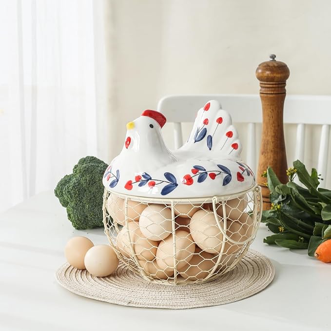 oskas Chicken Egg Holder, Fresh Egg Storage Basket Countertop,Decorative Ceramic Lid with Wire Basket,Holds 2 Dozen Egg, White3