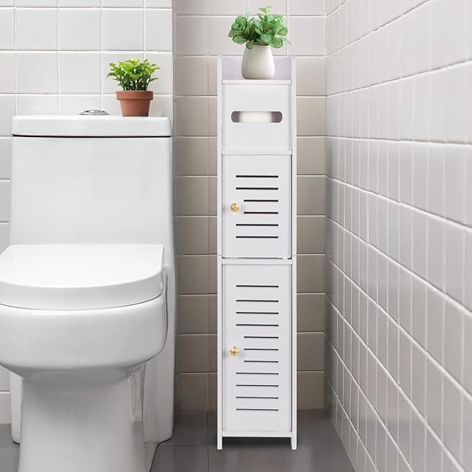 LuiceABC Toilet Paper Holder Stand, Over The Toilet Storage Cabinet for Bathroom, Slim Corner Shelf for Small Space Storage, Small Bathroom Storage Cabinet with Doors - White
