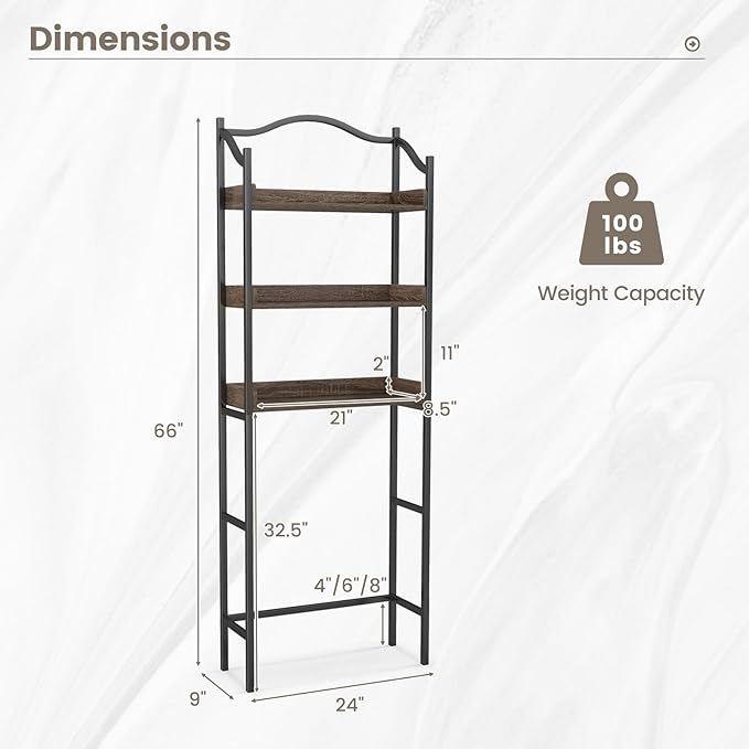 Tangkula Over The Toilet Storage Rack, 3-Tier Above Toilet Bathroom Shelf with Adjustable Bottom Bar & Anti-Toppling Devices, Metal Frame, Freestanding Bathroom Space Saver for Laundry (Black, 66" H)