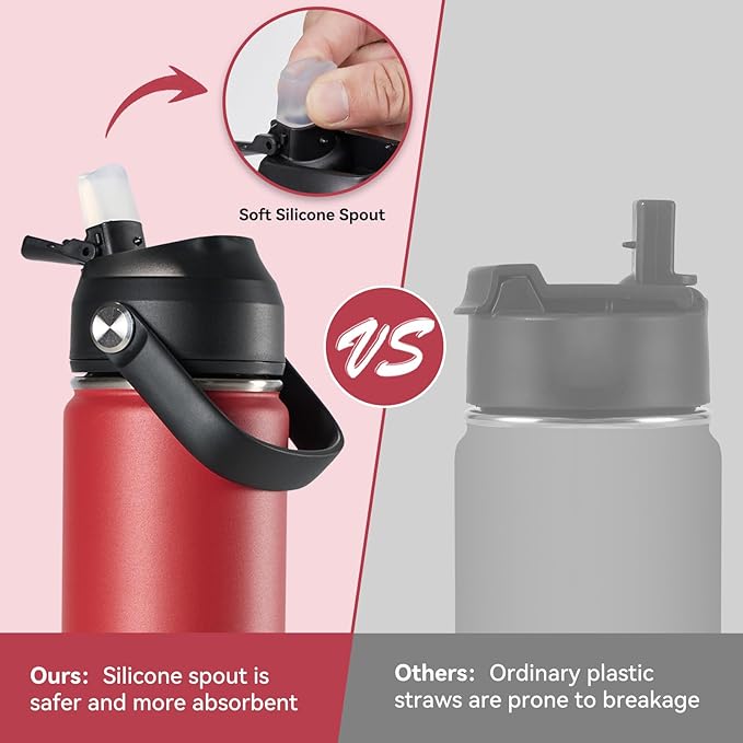 24oz Insulated Stainless Steel Water Bottle, Wide Mouth Double Wall Vacuum, Silicone Straw, Sweat & Leak Proof, BPA Free Insulated Water Flask for Travel, Keep Cold 24h Hot 12h, Scarlet