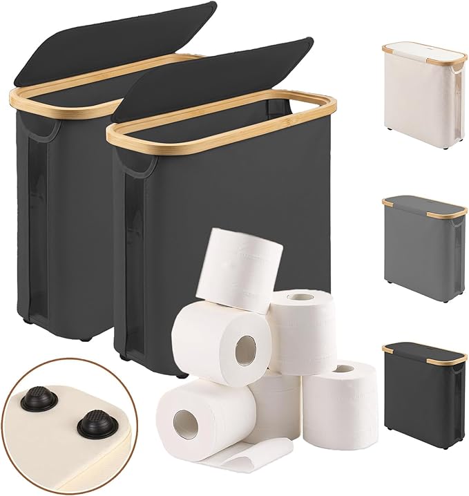 Vespara 2 Pcs Toilet Paper Storage Baskets, FoldableToilet Paper Storage with Lid for 9 Mega or 12 Regular Size Rolls,Waterproof Free Standing Toilet Paper Holder with Storage for Bathroom 2PCS Black
