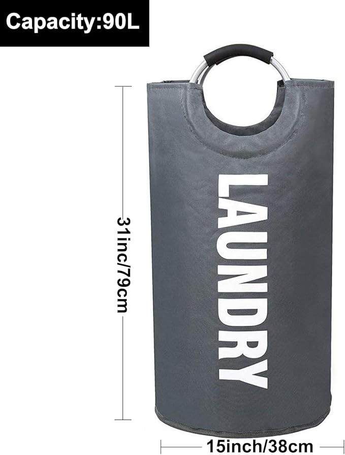 Mziart Thicken Laundry Hamper Tote with Alloy Handles, Heavy Duty and Durable Canvas Clothes Storage Bag Washing Bag, Collapsible and Self Standing as Laundry Basket (Dark Grey)