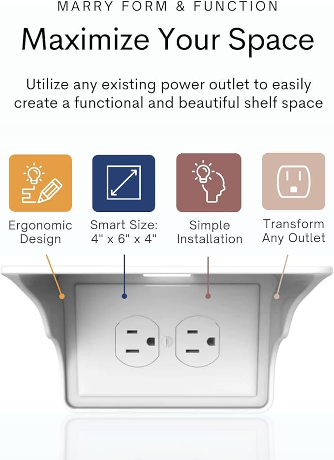Power Perch Horizontal Wall Outlet Shelf – Bathroom Shelving for Electric Toothbrush & Organization – Useful as Alexa Dot Holder, Small Wall Shelf Apple Homepod Mini Wall Mount – White, 2-Pack