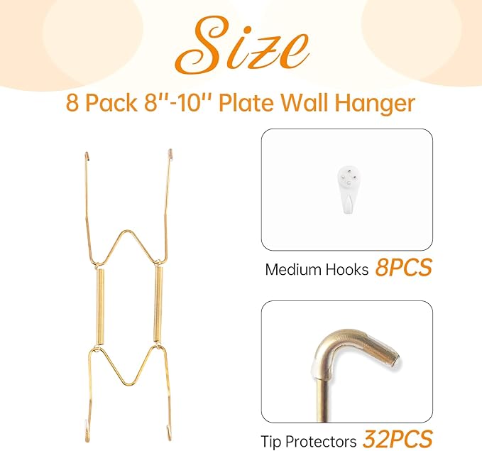 Bilillo 8 Pack Plate Hangers for The Wall, Suitable for 8-10 inch Art Plate, Stainless Steel Invisible Heavy Duty Wire Plate Holder with Wall Hooks, Plate Hangers for Displaying Plates, Platter, Dish