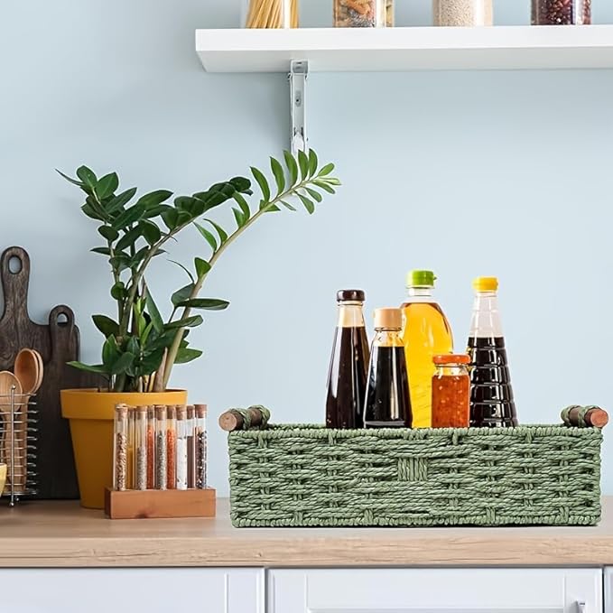 Paper rope storage basket with handle - A decorative green rattan-style multi-purpose storage basket for toilet paper, bathroom supplies and home decoration, suitable for counters or shelves