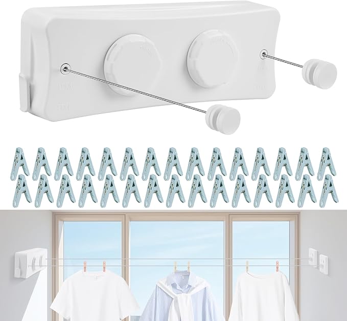 17Ft Retractable Clothesline Indoor/Outdoor, Comes with 30 clothespins, Anti-Sag for Drying Clothes line retracting Indoor/Outdoor, Dual-Line with Each Line 17Ft Long Laundry line Retractable