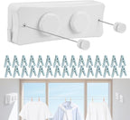 17Ft Retractable Clothesline Indoor/Outdoor, Comes with 30 clothespins, Anti-Sag for Drying Clothes line retracting Indoor/Outdoor, Dual-Line with Each Line 17Ft Long Laundry line Retractable