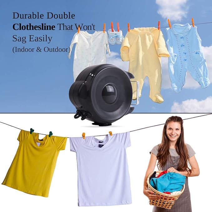 JS Hanger Retractable Clothesline Outdoor Indoor Laundry Line - 99 FT Double Lines Heavy Duty Wall Mounted Washing Line, 30M Portable Clothes Drying Line with 24pcs Free Pegs (Black)