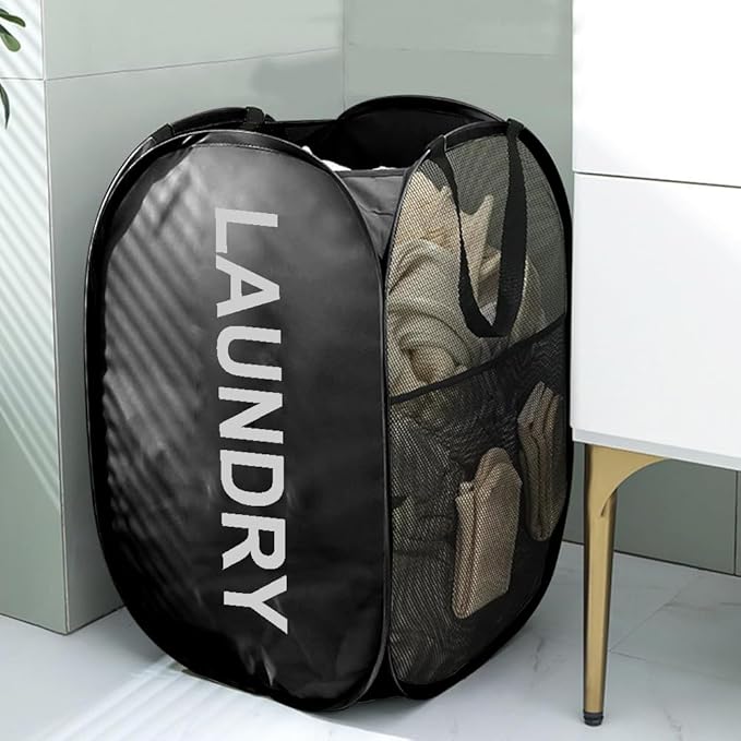 Larpur Pop Up Laundry Baskets, 2 Pack Mesh Laundry Hampers Collapsible Clothes Hampers, Portable Cruise Laundry Hampers for Home, Dorm, Travel (Black + Pink)