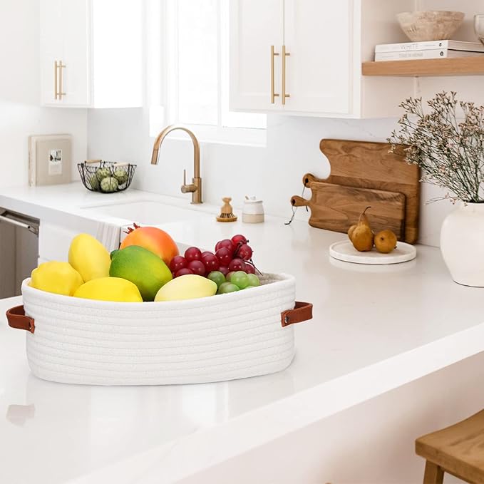 Bathroom Countertop Organizer Basket, Cotton Rope Woven Storage Basket Toilet Paper Decorative Basket for Bathroom, Bedroom, Living Room, Entryway 13"x6.3"x4.3"(Off White)