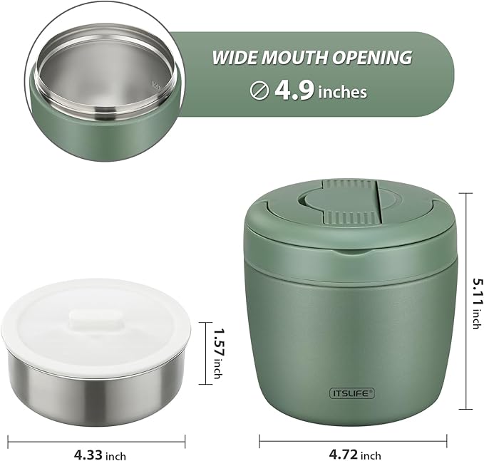 Soup Thermo for Hot Food Insulated Food Jar 32oz, Vacuum Insulated Stainless Steel Lunch Container - Wide Mouth Thermo for Soup & Food, Insulated lunch box Leakproof Bento Box with Spoon (Green)