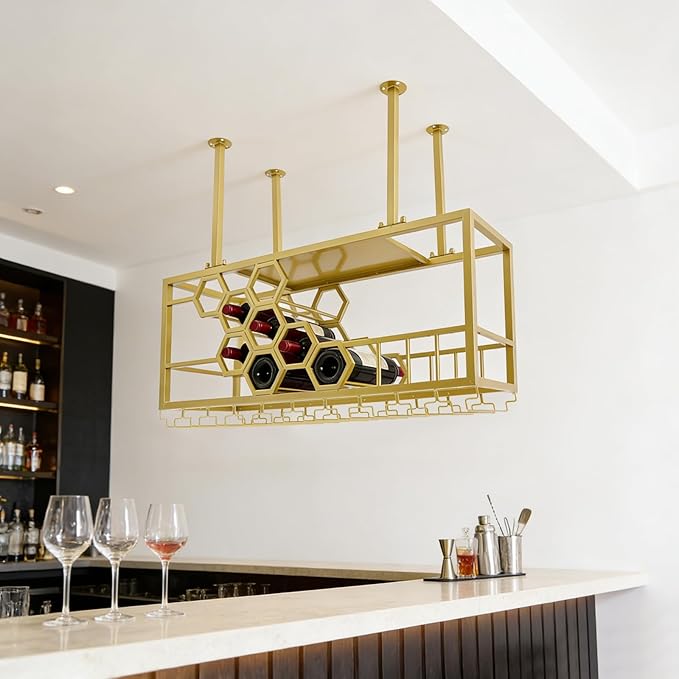 Hanging Wine Rack, 39in Heavy Duty Ceiling Mounted Wine Bottle & Glass Holder, 150lbs Load Capacity Storage Rack, for Bar, Kitchen, Restaurant, Cellar (Gold)