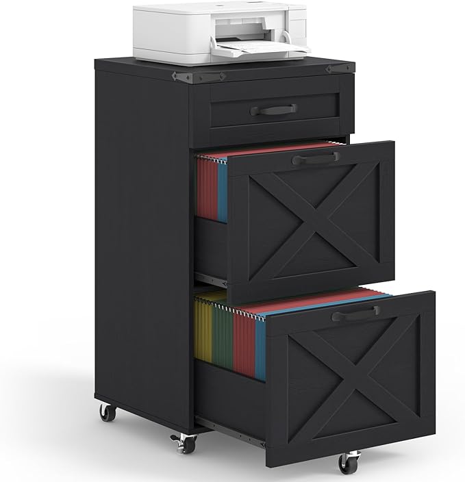 3 Drawer Small File Cabinet with Wheels, Farmhouse Vertical Filing Cabinet Fits Letter/A4 Size, Rolling File Cabinets Wooden Printer Stand for Home Office, Rustic Black