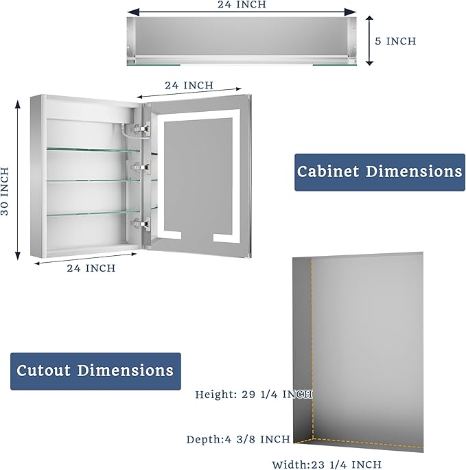 ExBrite LED Lighted Bathroom Medicine Cabinet with Mirror, 24 x 30 Inch, Recessed or Surface Mount, Anti-Fog, Stepless Dimming, Color Temperature Adjustment, 2 Outlets, Storage Shelves, Right Hinge