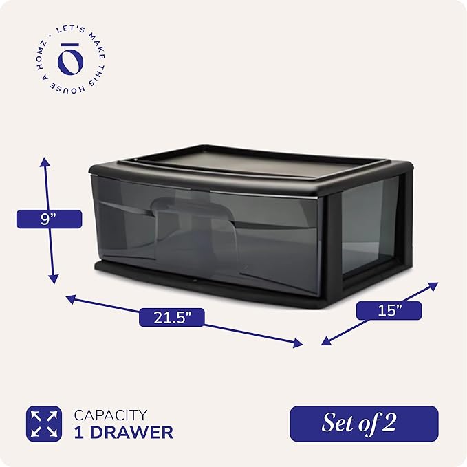 HOMZ 2-Pack 1-Drawer Storage Cart, Plastic Container with Smoke Tint, 15" Wide Body, Black Frame - Organizing Drawer Containers for Home, Bathroom, Bedroom, Office, and Classroom