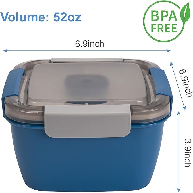 Freshmage Salad Lunch Containers To Go, 52 oz Bowls with 3 Compartments, Dressings Container for Toppings, Men, Women (Blue+Blue)