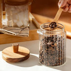 ANSQU Glass Jar with Wooden Lid & Spoon, 20.3oz Food Storage Containers Coffee Jar Coffee Grounds Container, Coffee Canister holds up to 7.4oz Coffee Beans (2 Pack)