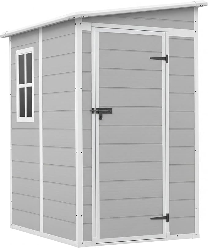 Devoko 5x4 FT Plastic Storage Shed with Floor, Waterproof Resin Outdoor Tool Shed with Lockable Door, Outside Garden Shed for Backyard Patio Lawn, Light Grey