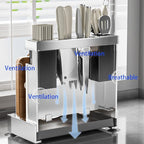 Multifunctional Cutting Board, Knife Drying Rack Kitchen Countertop Pot Lids Organizer, Knife Block Holder with Drain Tray Utensil Holders Bakeware Cookware Chopping Board Storage Stand