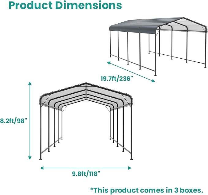 SUNBURY 10 x 20 ft Heavy Duty Metal Carport for Vehicle Storage, Canopy with Galvanized Steel Roof, Outdoor Steel Car Shelter with Metal Frame, for Cars, Boats, Pickups and Tractors, Gray