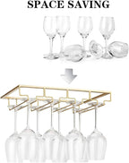 Wine Glass Rack - Under Cabinet Stemware Wine Glass Holder Glasses Storage Hanger 2 Pack Metal Organizer for Bar Kitchen Gold