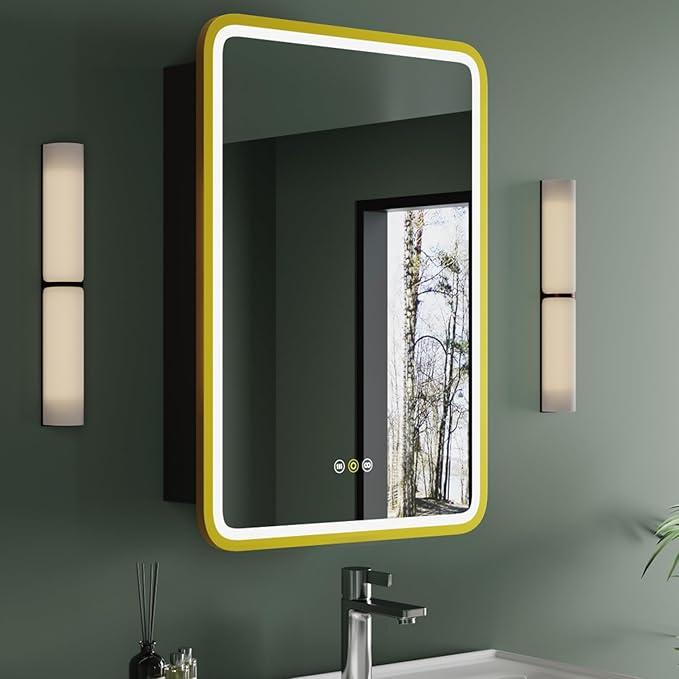 Medicine Cabinet with LED Lights and Mirror, 16W x 28H Inch Wall or Recessed Mounted Bathroom Cabinet with Left Hinge, Storage Shelf, Defogger, Memory Function, 3-Color Mode, Dimmer, Gold