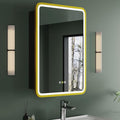 Medicine Cabinet with LED Lights and Mirror, 16W x 28H Inch Wall or Recessed Mounted Bathroom Cabinet with Left Hinge, Storage Shelf, Defogger, Memory Function, 3-Color Mode, Dimmer, Gold
