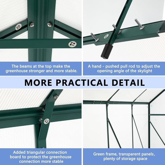 6 x 8 FT Outdoor Patio Greenhouse, Polycarbonate Board, Raised Base, Sliding Door, Adjustable Roof, Window Greenhouse, Anchor Aluminum Heavy Duty Walk-in Greenhouse